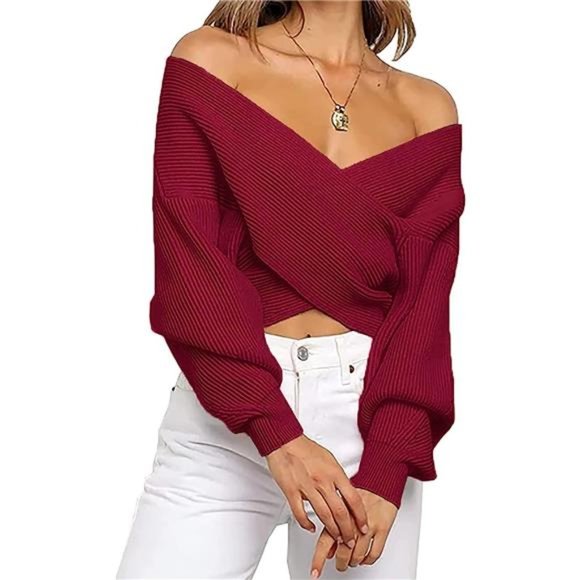 Women Casual V Neck Long Sleeve Sweaters Solid Wine Red - Picture 1 of 6